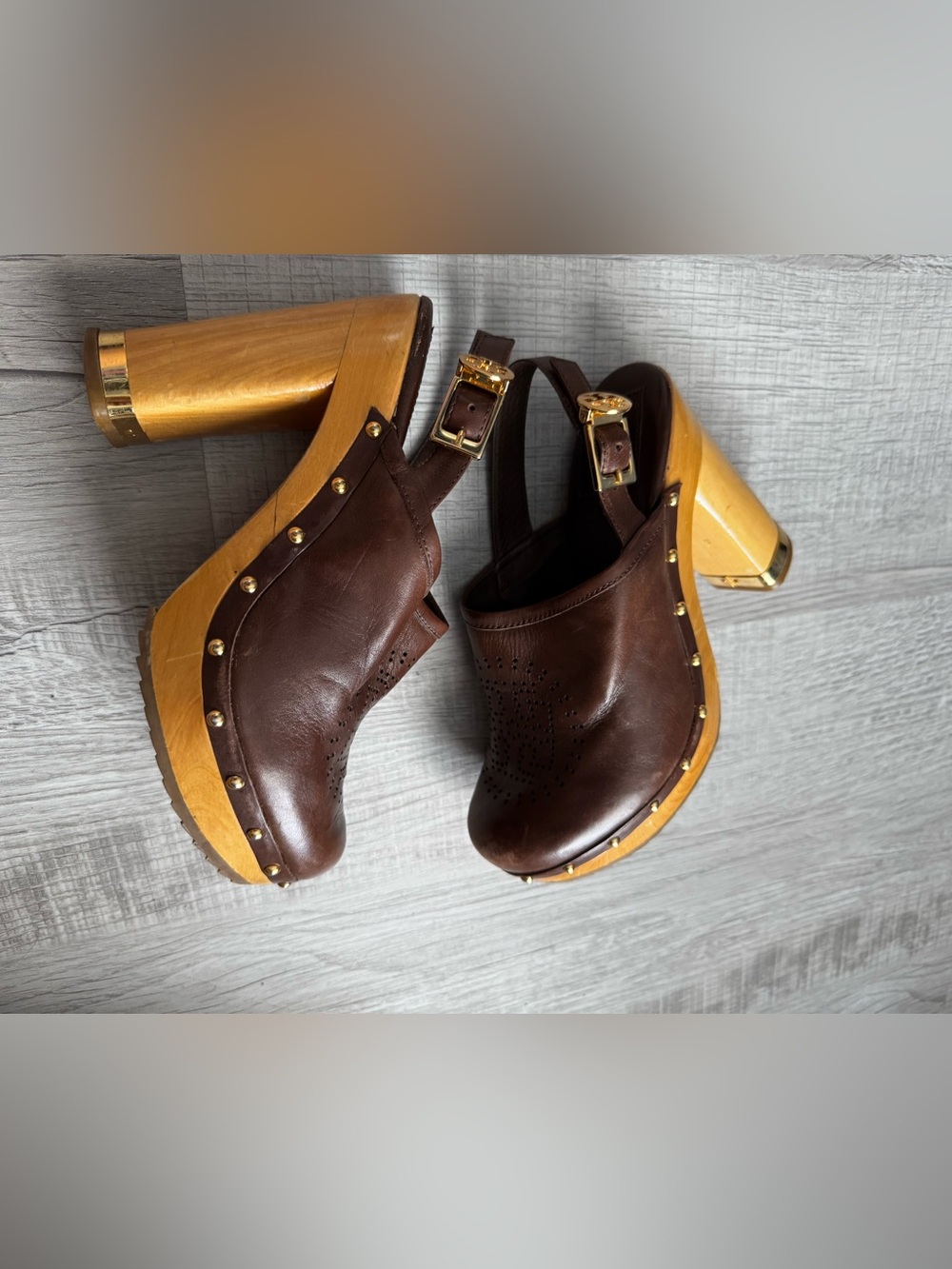 Women's Brown Leather Studded Clog Sandals